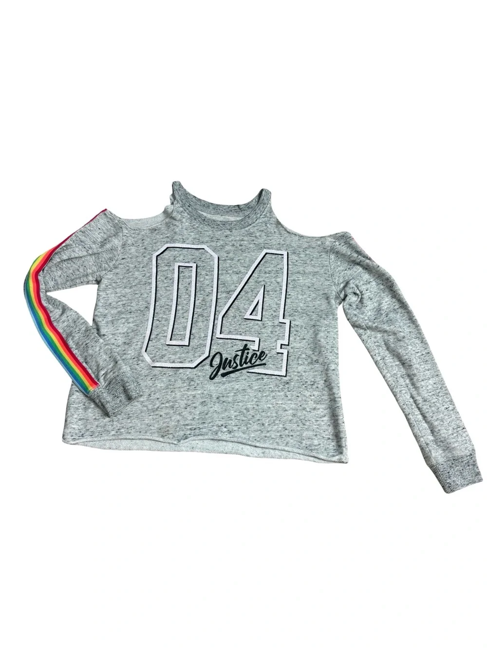 ⁠Justice Girls Heather Gray Cold Shoulder Rainbow Sleeve Varsity Top Size 12